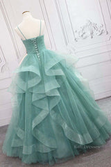V Neck Open Back Fluffy Green Tulle Long Prom Dresses, Green Formal Evening Dresses, Ball Gown