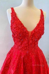 V Neck Open Back Red Lace Long Prom Dress, Red Lace Formal Dress, Beaded Red Evening Dress