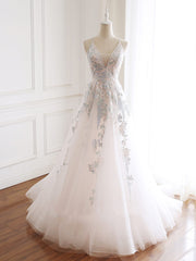 V-neckline Lace Applique Floor Length Party Dress, Charming White Floral Prom Dress
