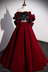 Burgundy Velvet Long Prom Dress, Off the Shoulder A-Line Evening Dress