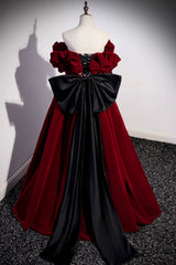 Burgundy Velvet Long Prom Dress, Off the Shoulder A-Line Evening Dress