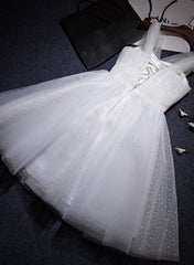 White Beaded Tulle V-neckline Short Party Dress, White Tulle Graduation Dress Prom Dress