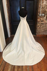 White Satin Long A-Line Prom Dress, White Sweetheart Neck Formal Dress