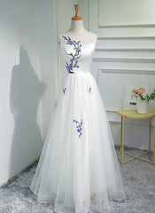 White Tulle Long A-line Prom Dress, White Graduation Dress