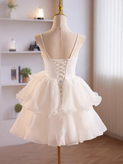 White Tulle Straps Short Graduation Dress, White Tulle Sweetheart Prom Dress