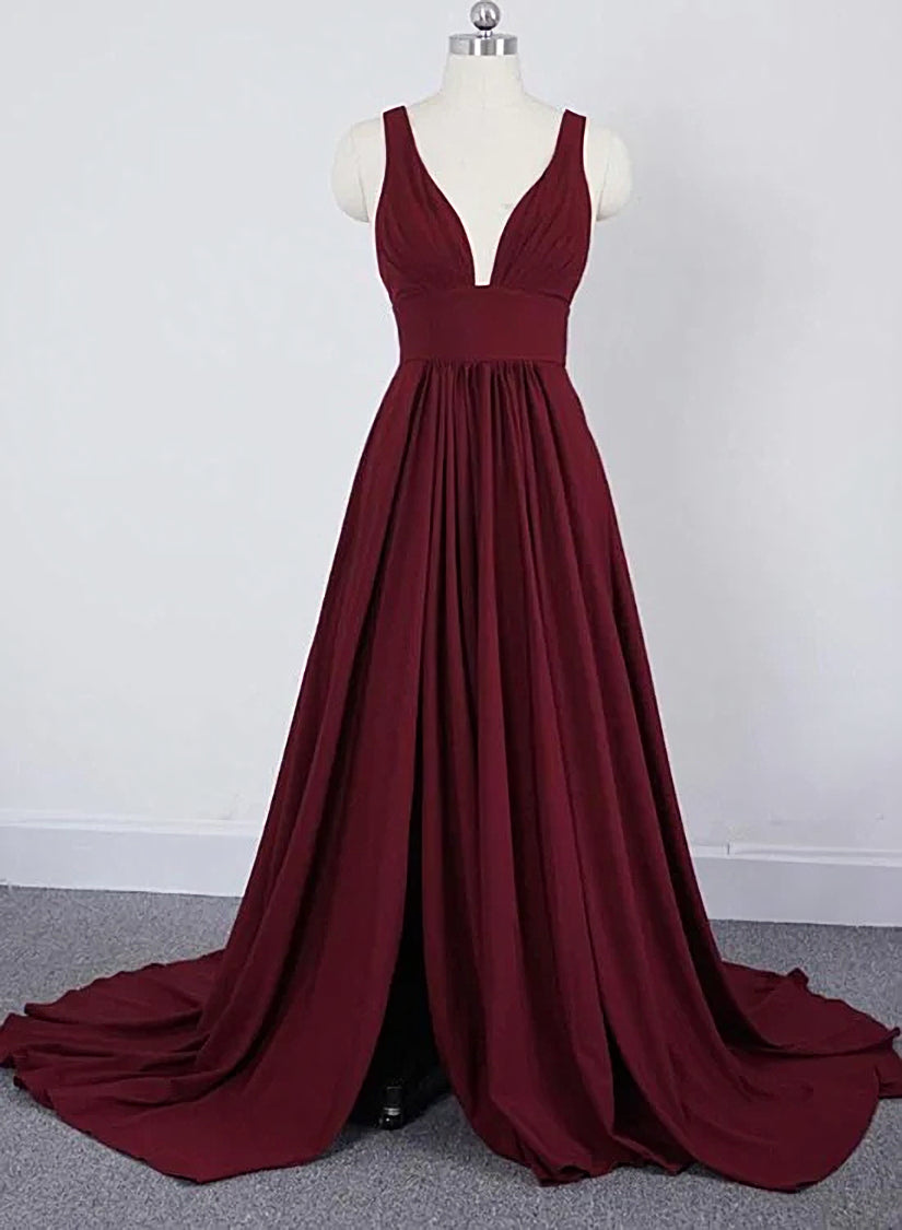 Wine Red Chiffon High Slit Long Party Dress, Charming Long Straps Bridesmaid Dresses