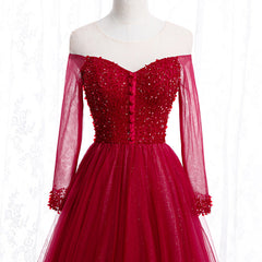 Wine Red Long Sleeves Beaded Tulle Evening Gown, A-line Wine Red Long Prom Dress