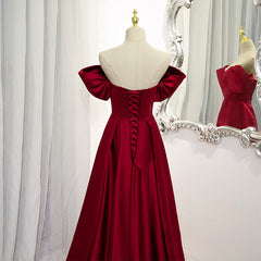Wine Red Satin A-line Floor Length Party Dresses, Burgundy Long Formal Dresses