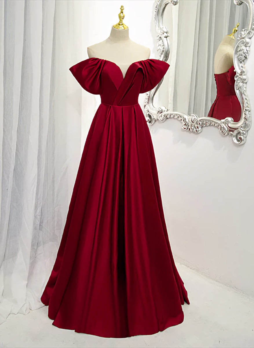 Wine Red Satin A-line Floor Length Party Dresses, Burgundy Long Formal Dresses