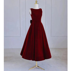 Wine Red Tea Length Velvet Party Dress with Bow, Burgundy Wedding Party Dresses