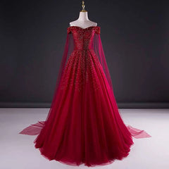 Wine Red Tulle Beaded Tulle Sparkle Long Prom Dress, Dark Red Sweet 16 Gown