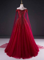 Wine Red Tulle Beaded Tulle Sparkle Long Prom Dress, Dark Red Sweet 16 Gown