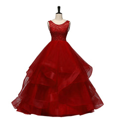 Wine Red Tulle with Lace Layers Ball Gown Sweet 16 Dress, Long Formal Dress Prom Dress