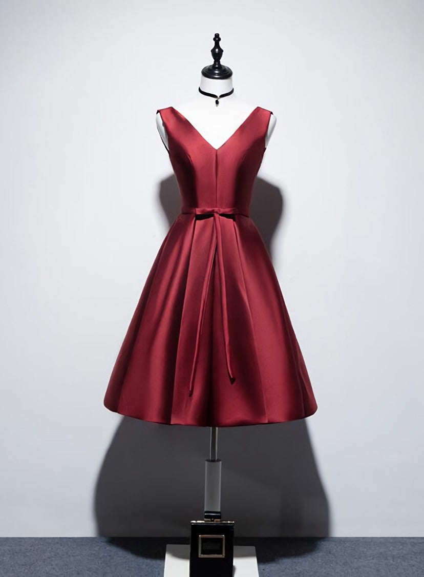 Wine Red V-neckline Satin Lace-up Homecoming Dress, Short Prom Dress