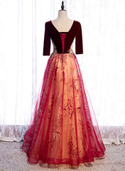 Wine Red Velvet 1/2 Sleeves Long Party Dress with Lace, A-line Junior Prom Dress
