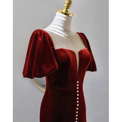 Wine Red Velvet Long Round Neckline Party Dress, Wine Red Prom Dresses