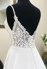 White V-Neck Long Prom Dresses, A-Line Lace Evening Dresses