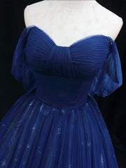 Beautiful Blue Tulle Floor Length Prom Dress, A-Line Off the Shoulder Princess Dress Evening Dress