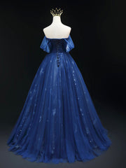 Beautiful Blue Tulle Floor Length Prom Dress, A-Line Off the Shoulder Princess Dress Evening Dress