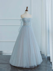 Dusty Blue Tulle Sequins Long Prom Dress, Off the Shoulder Long Sleeve Evening Party Dress