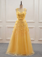 Yellow Flowers Tulle Long New Prom Dress, A-line Party Dress