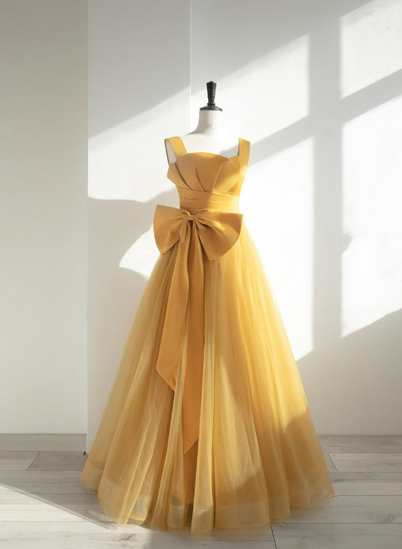 Yellow Tulle Long Party Dress with Bow, Yellow Prom Dress Evening Gown