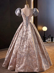 Stylish Floor-Length Printing Prom Dresses, A-Line Short Sleeve Backless Evening Formal Dresses