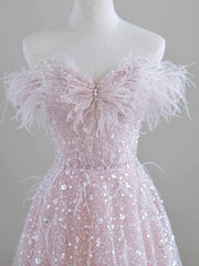Sparkling Tulle Sequin Long Prom Dress, Off the Shoulder Pink Evening Party Dress