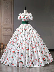 Beautiful Cherry Pattern Long Princess Prom Dress, White A-Line Short Sleeve Evening Party Dress
