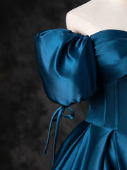 Blue Satin Off the Shoulder Floor Length Prom Dress, Blue A-Line Party Dress