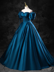 Blue Satin Off the Shoulder Floor Length Prom Dress, Blue A-Line Party Dress
